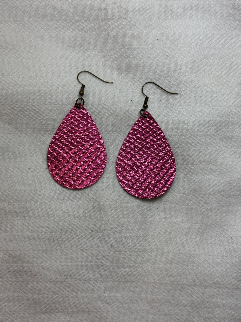 Pink Textured Leather Teardrop Dangle Earrings - Handmade in the USA